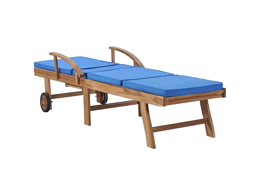 Chaise longue tissu bleu et teck massif clair Evidi