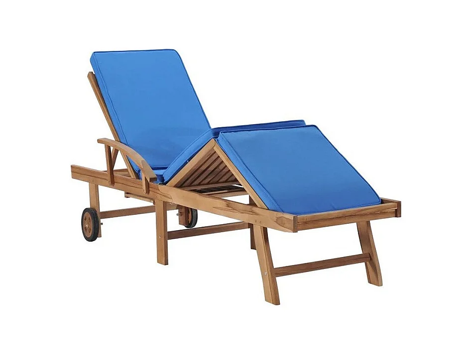 Chaise longue tissu bleu et teck massif clair Evidi