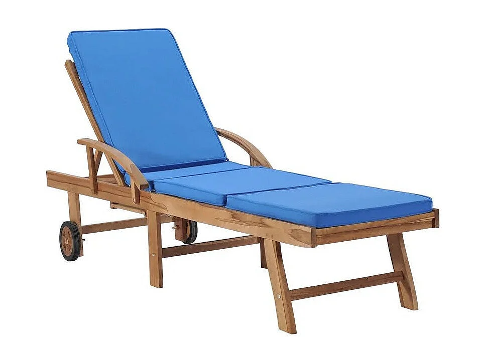 Chaise longue tissu bleu et teck massif clair Evidi
