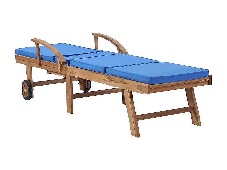 Chaise longue tissu bleu et teck massif clair Evidi