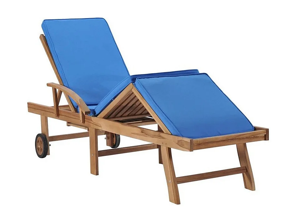 Chaise longue tissu bleu et teck massif clair Evidi