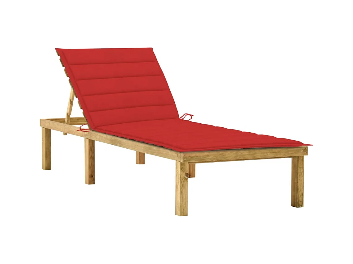 Chaise longue avec coussin rouge Bois de pin imprégné 3