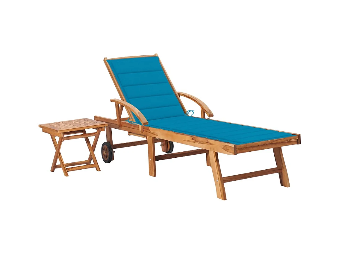 Chaise longue avec table et coussin Bois de teck solide 9