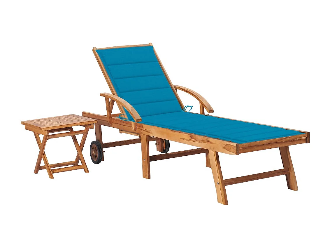 Chaise longue avec table et coussin Bois de teck solide 9