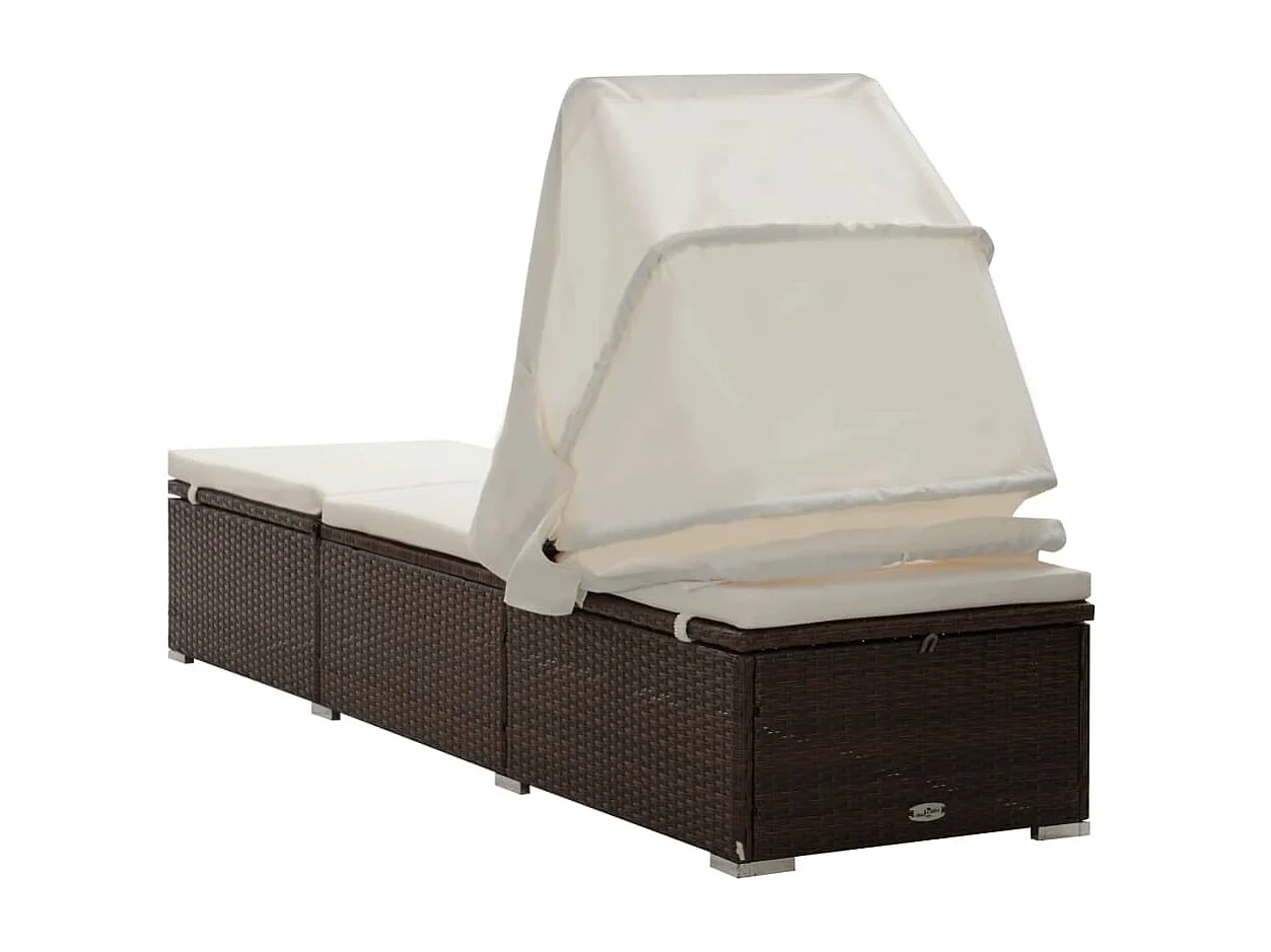 Chaise longue avec auvent et coussin Résine tressée Marron