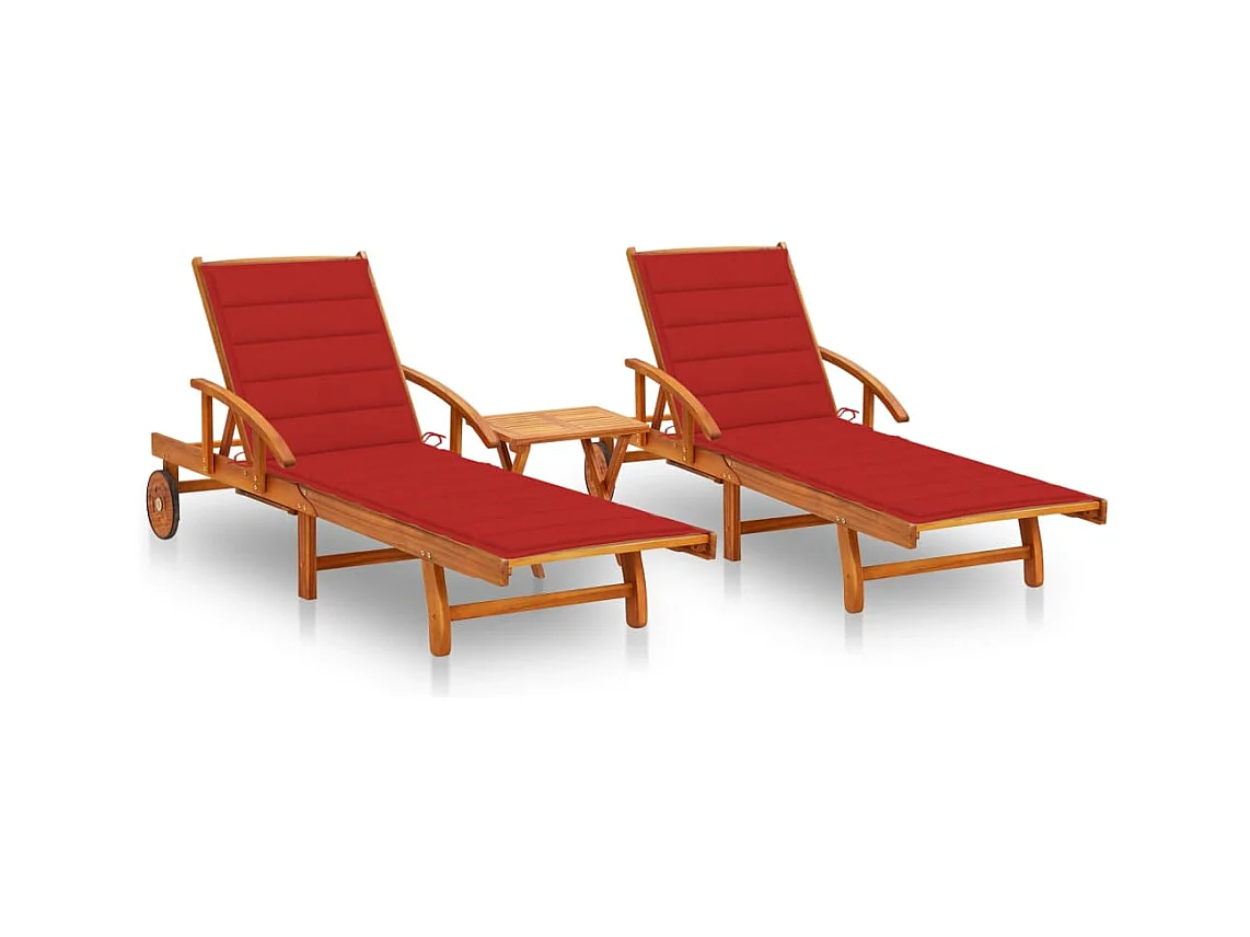Chaises longues 2 pcs avec table et coussins Acacia solide 13