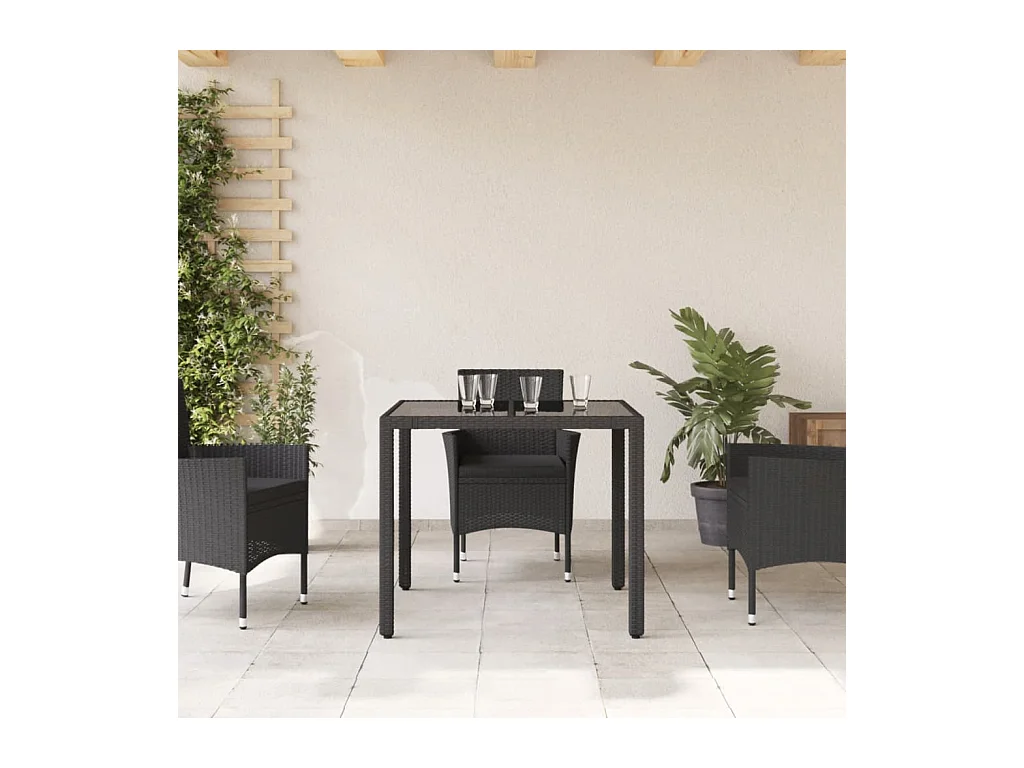 Table de jardin dessus en verre Noir 90x90x75 Résine tressée