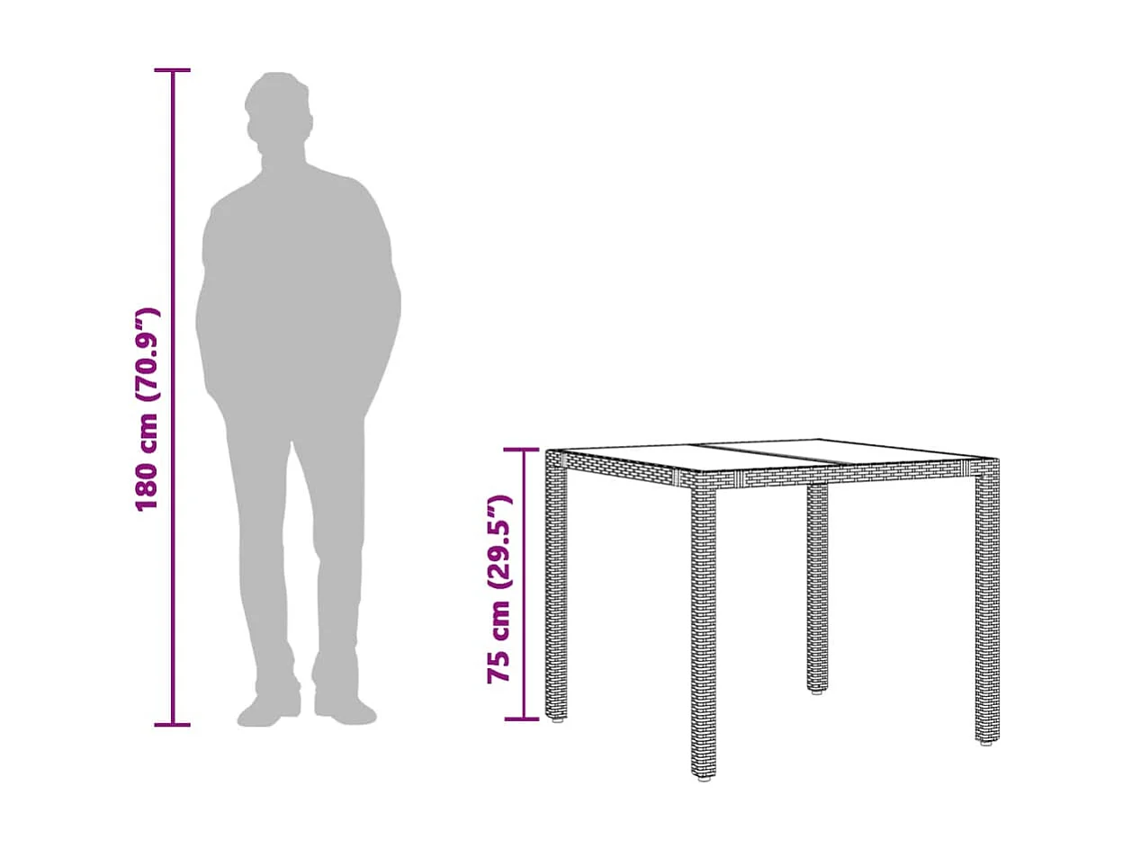 Table de jardin dessus en verre Noir 90x90x75 Résine tressée