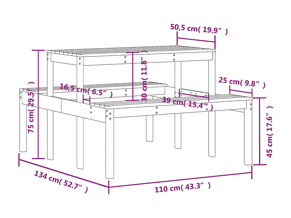 Table de pique-nique 110x134x75 bois massif de pin