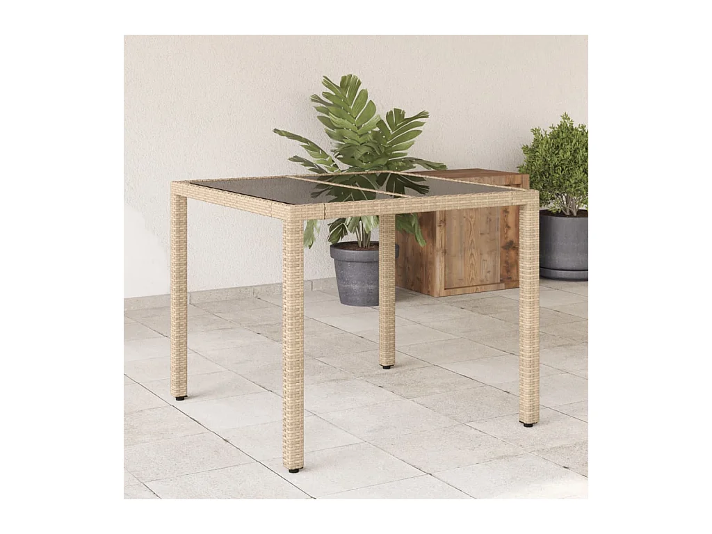 Table de jardin dessus en verre beige 90x90x75 résine tressée