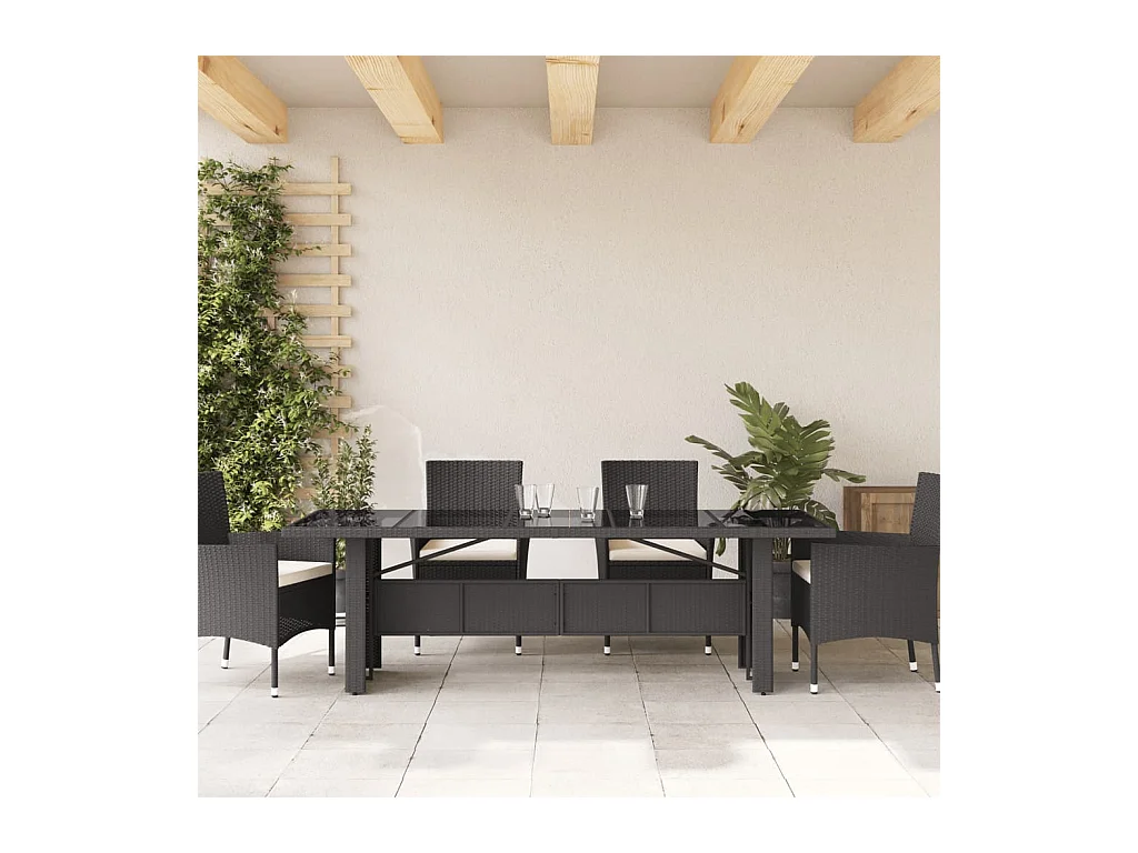 Table de jardin dessus en verre noir 240x90x75 résine tressée