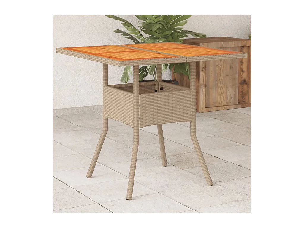 Table de jardin beige 80x80x75 résine tressée et bois acacia