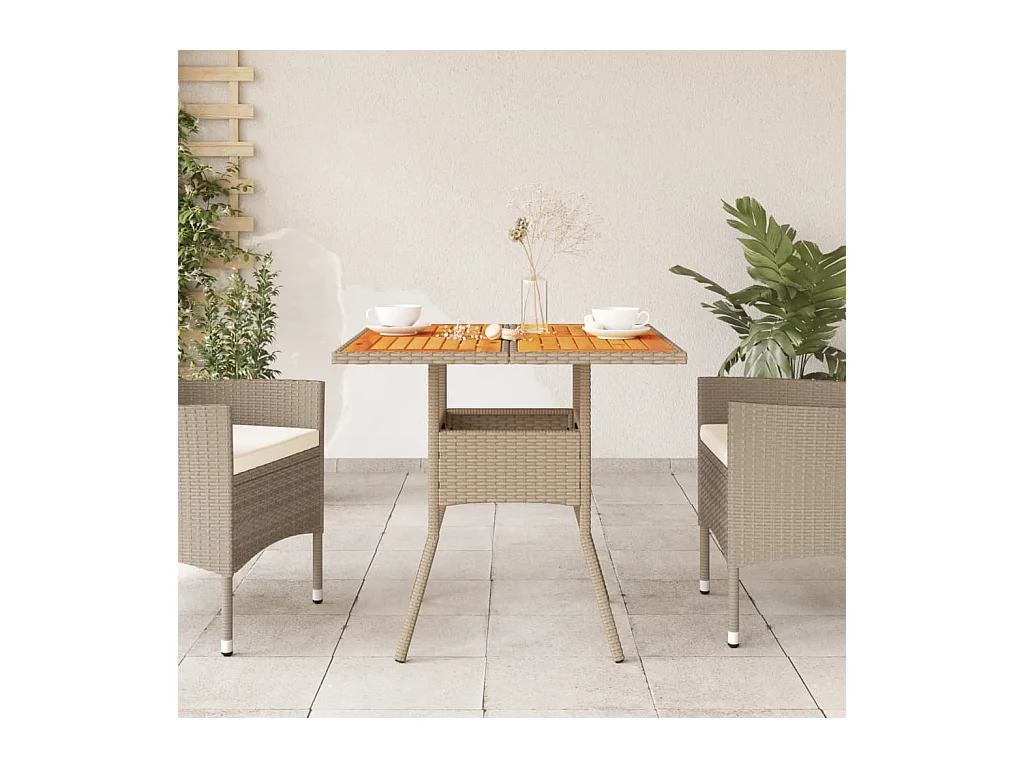 Table de jardin beige 80x80x75 résine tressée et bois acacia