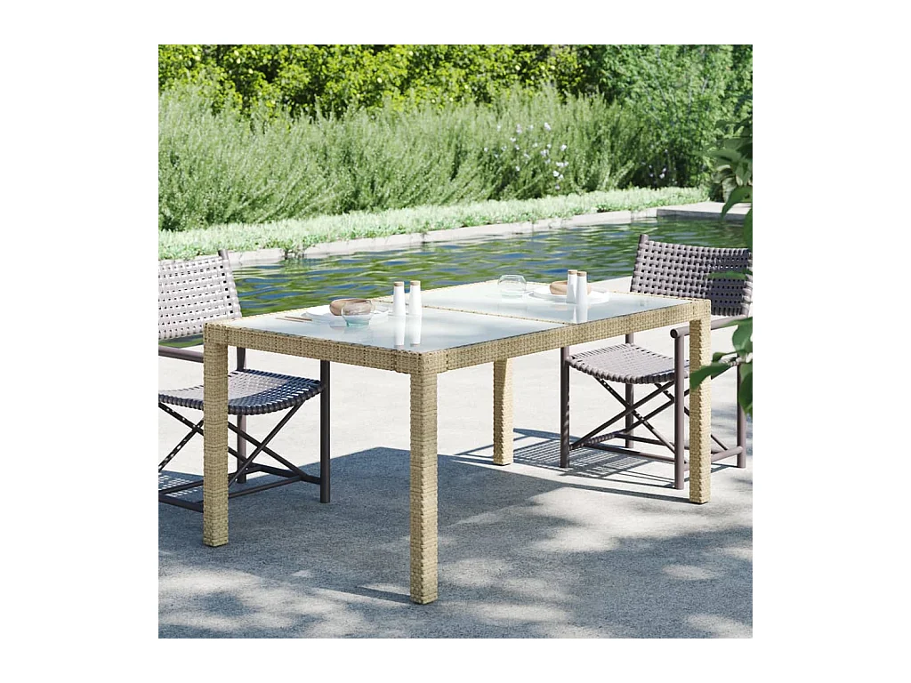 Table de jardin 150x90x75 Verre trempé-résine tressée Beige