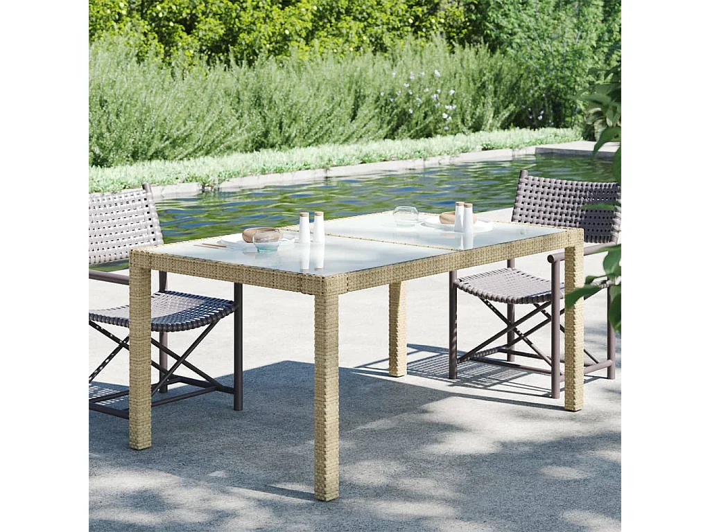 Table de jardin 150x90x75 Verre trempé-résine tressée Beige