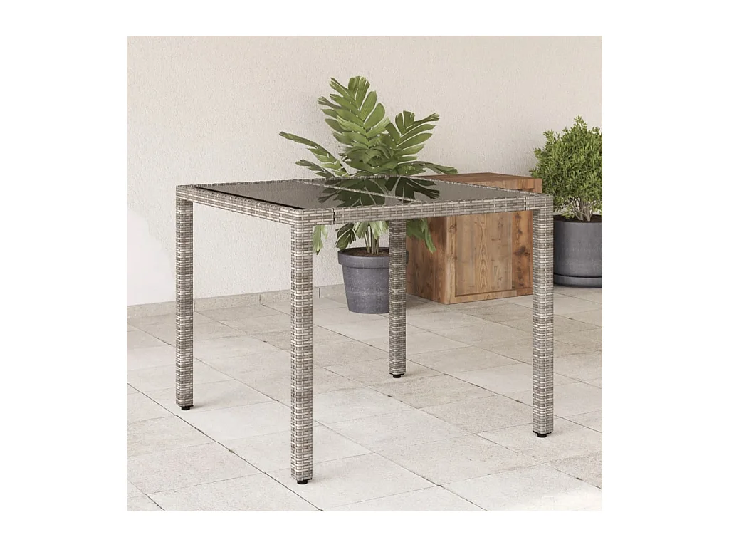 Table de jardin dessus en verre Gris 90x90x75 Résine tressée