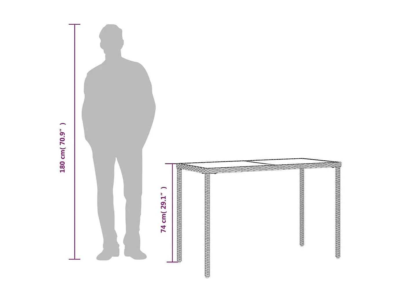 Table de jardin dessus en verre noir 115x54x74 résine tressée