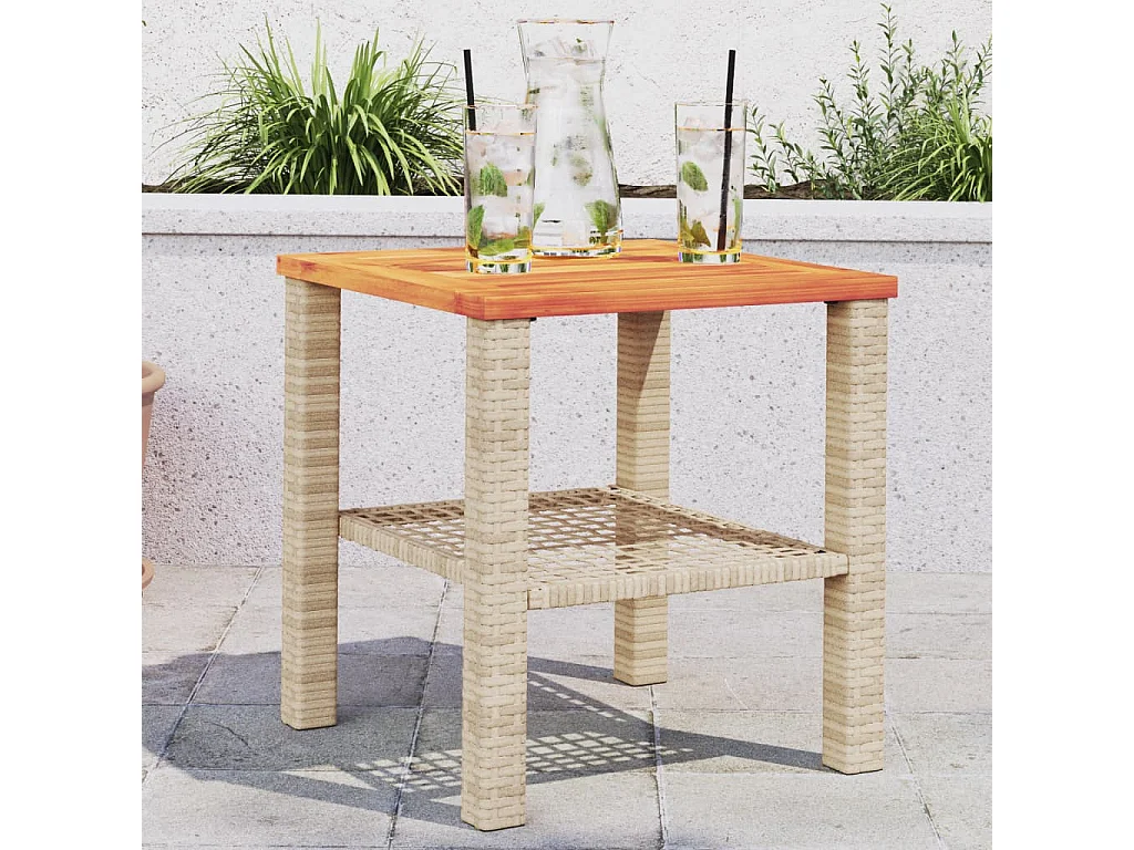 Table de jardin beige 40x40x42 résine tressée et bois acacia