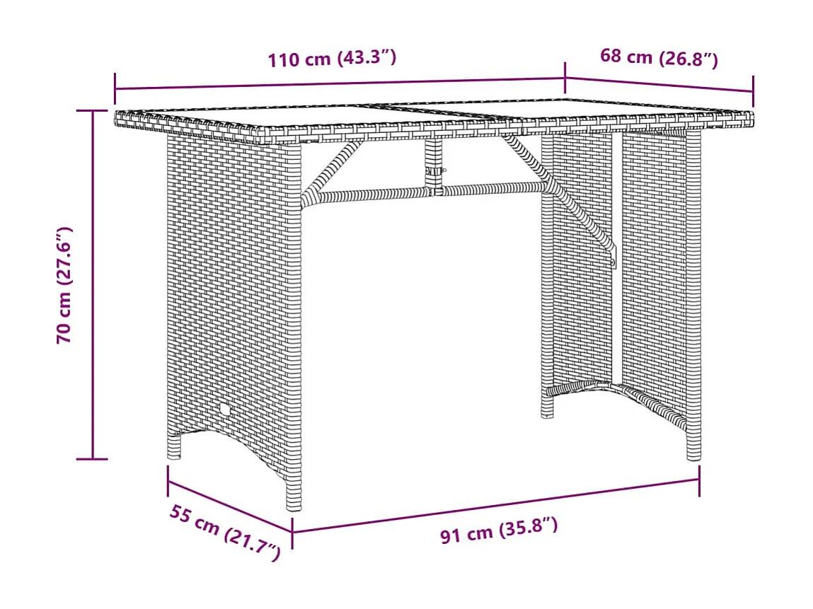 Table de jardin avec dessus en verre noir 110x68x70 poly rotin