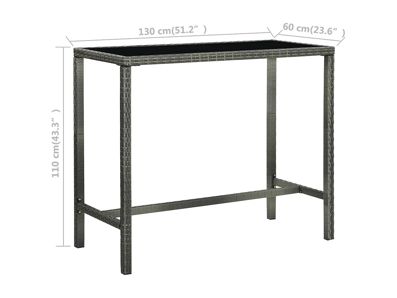Table bar de jardin Gris 130x60x110 Résine tressée et verre