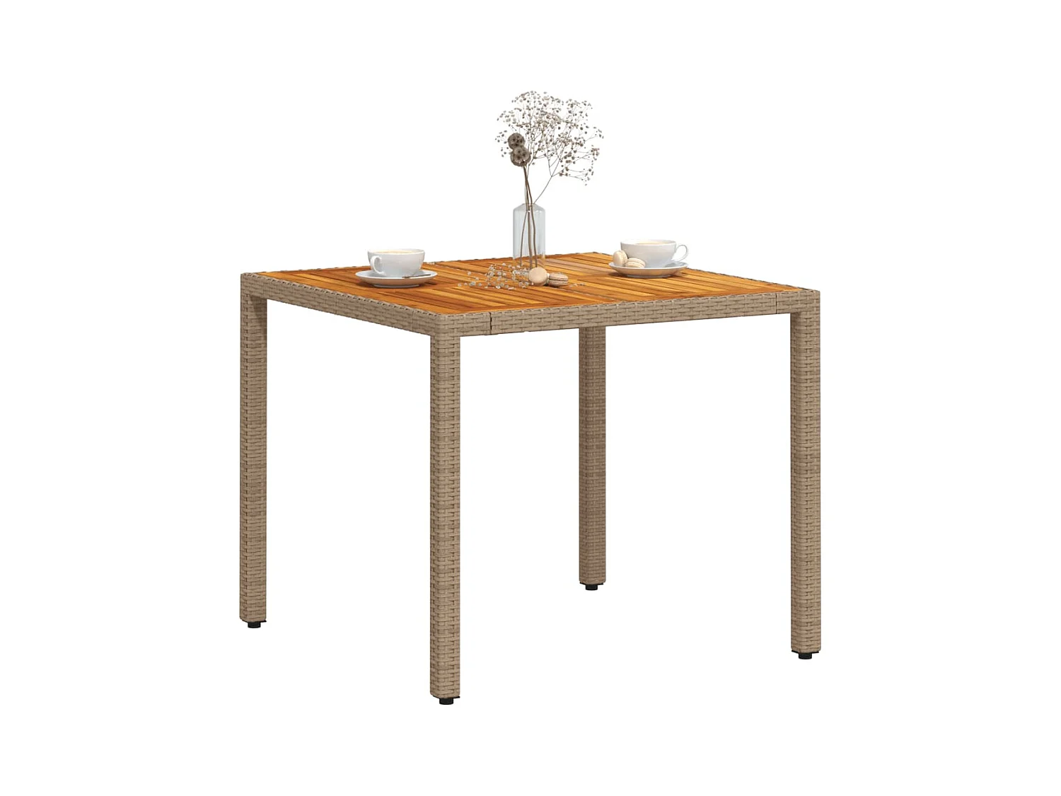 Table de jardin beige 90x90x75 résine tressée et bois acacia