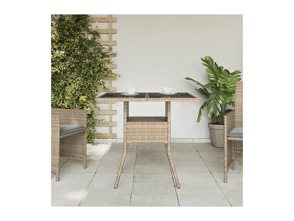 Table de jardin dessus en verre beige 80x80x75 résine tressée