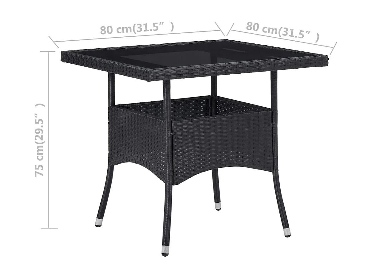 Table à manger d'extérieur Noir Résine tressée et verre