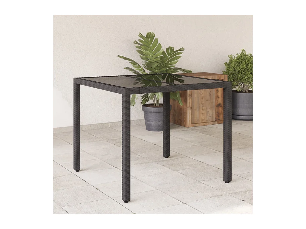 Table de jardin dessus en verre Noir 90x90x75 Résine tressée