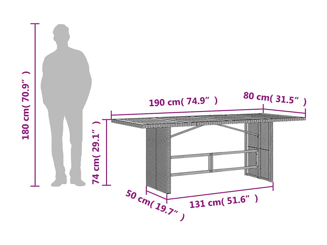 Table de jardin avec dessus en bois d'acacia gris 190x80x74