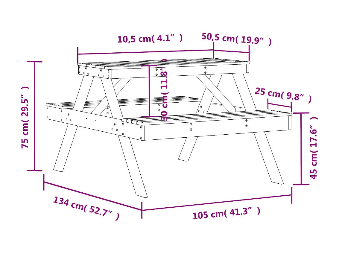 Table de pique-nique blanc 105x134x75 bois massif de pin