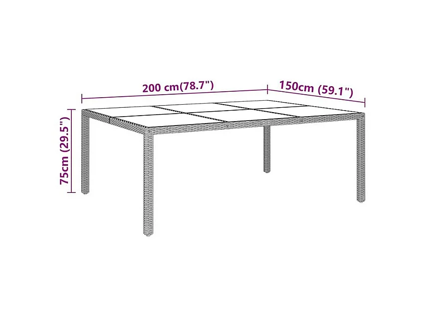 Table de jardin 200x150x75 Verre trempé-résine tressée Beige