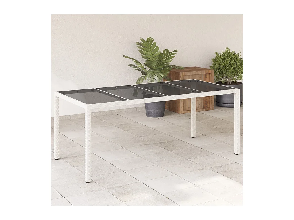 Table de jardin avec dessus en verre blanc résine tressée