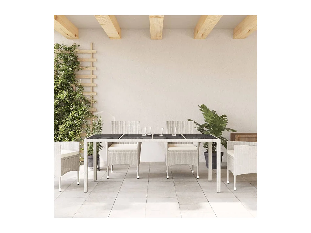 Table de jardin avec dessus en verre blanc résine tressée