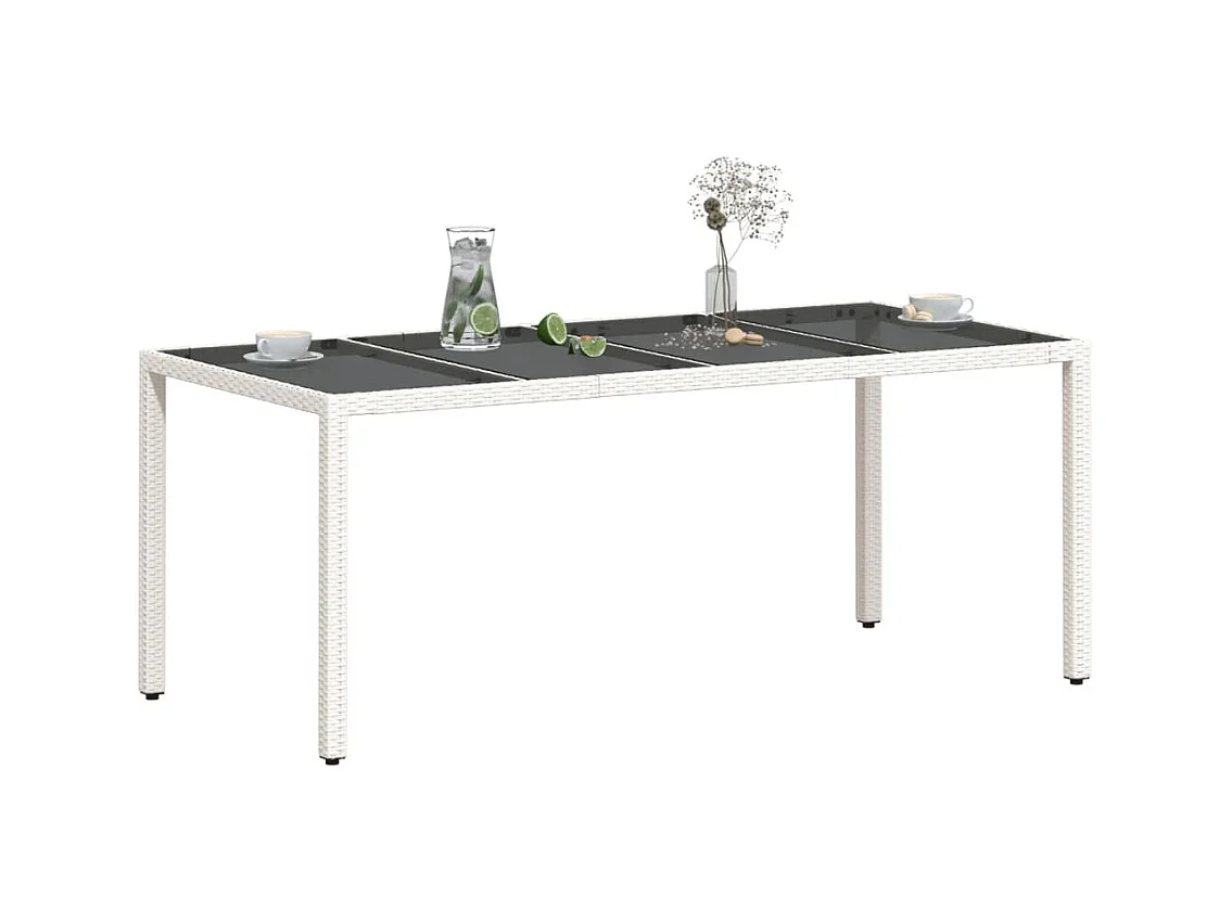 Table de jardin avec dessus en verre blanc résine tressée
