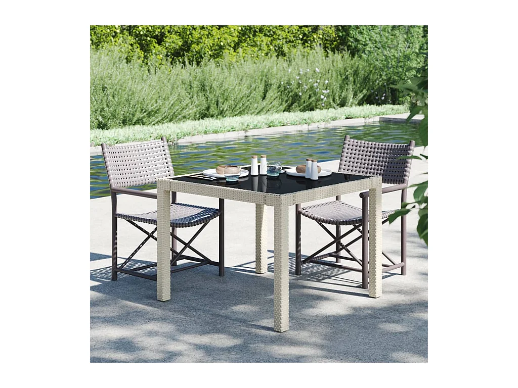 Table de jardin 90x90x75 Verre trempé et résine tressée Beige
