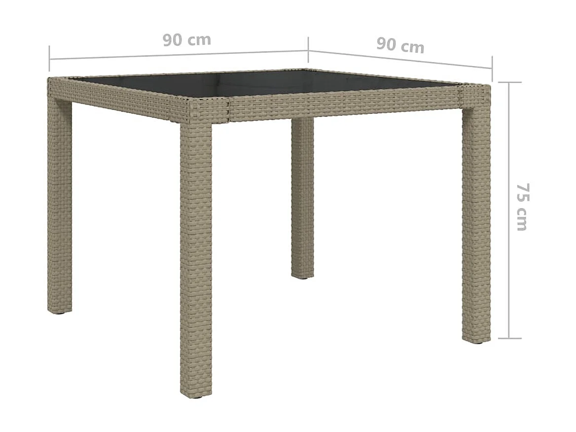 Table de jardin 90x90x75 Verre trempé et résine tressée Beige