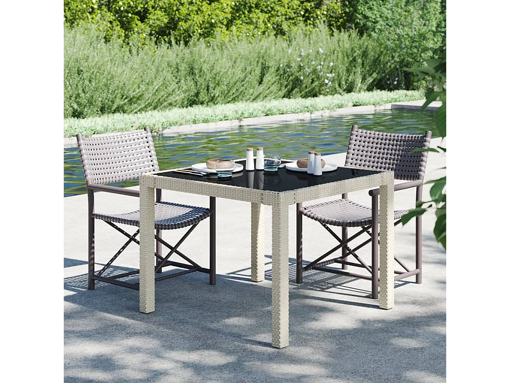 Table de jardin 90x90x75 Verre trempé et résine tressée Beige