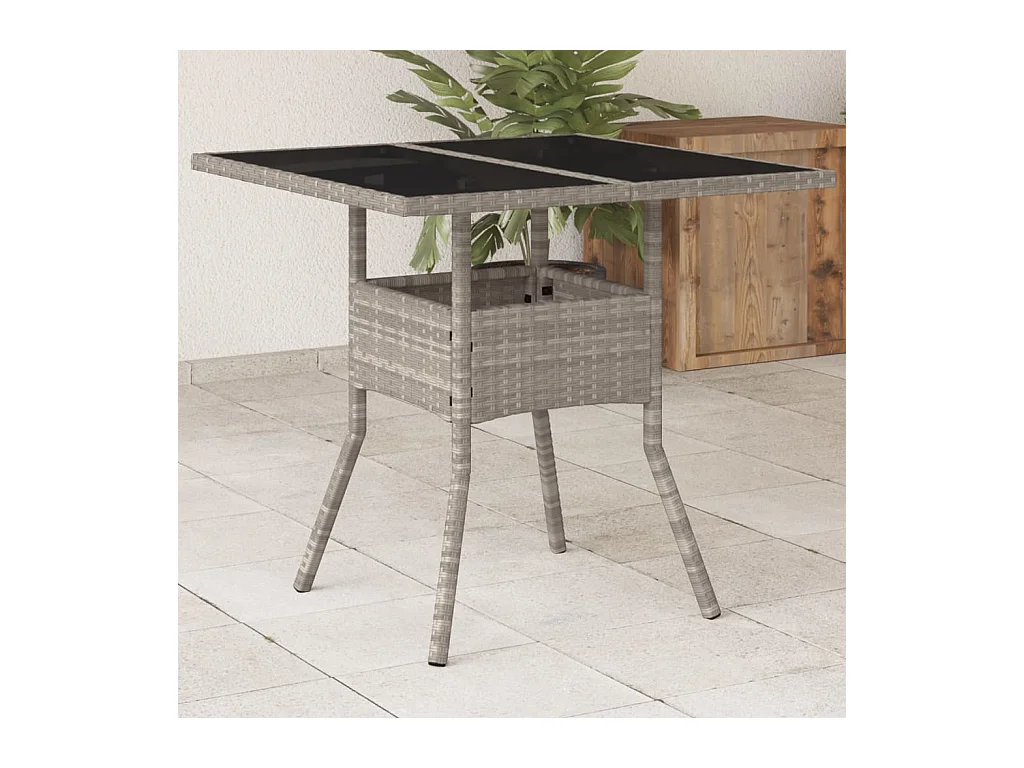 Table de jardin avec dessus en verre gris clair résine tressée