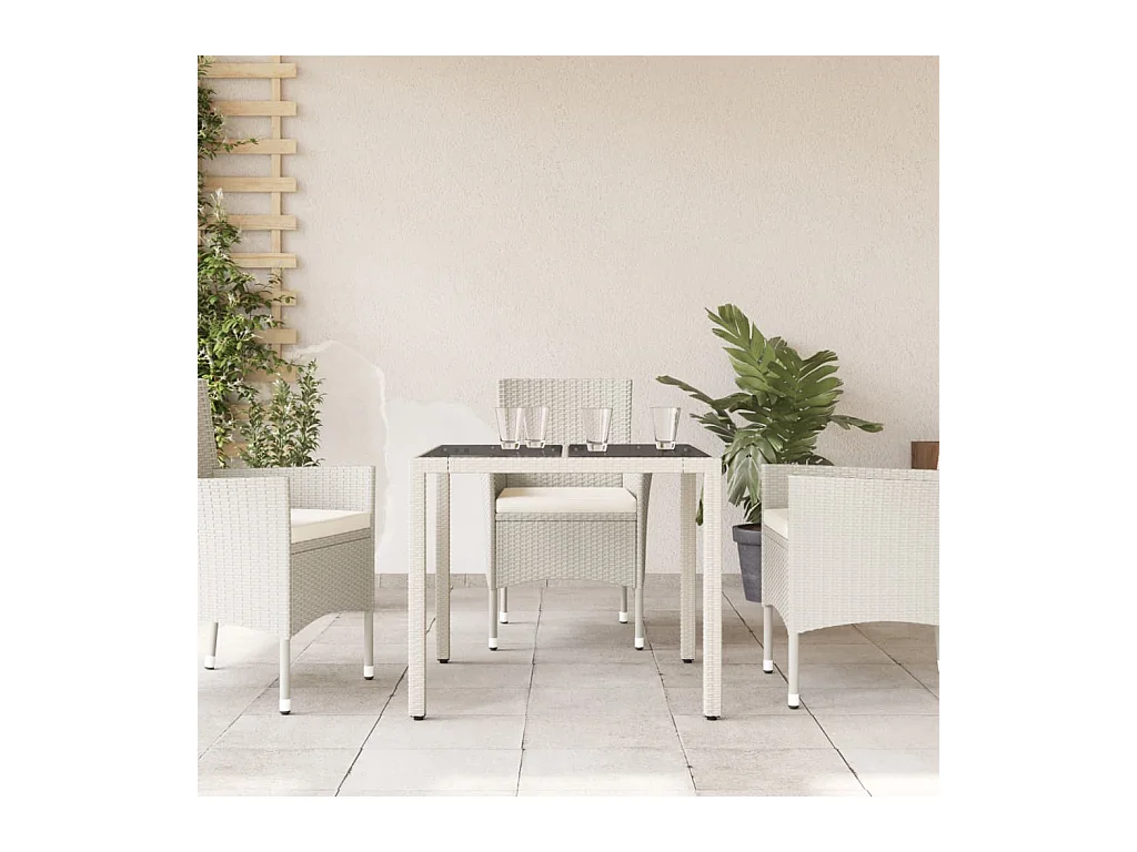 Table de jardin dessus en verre blanc 90x90x75 résine tressée