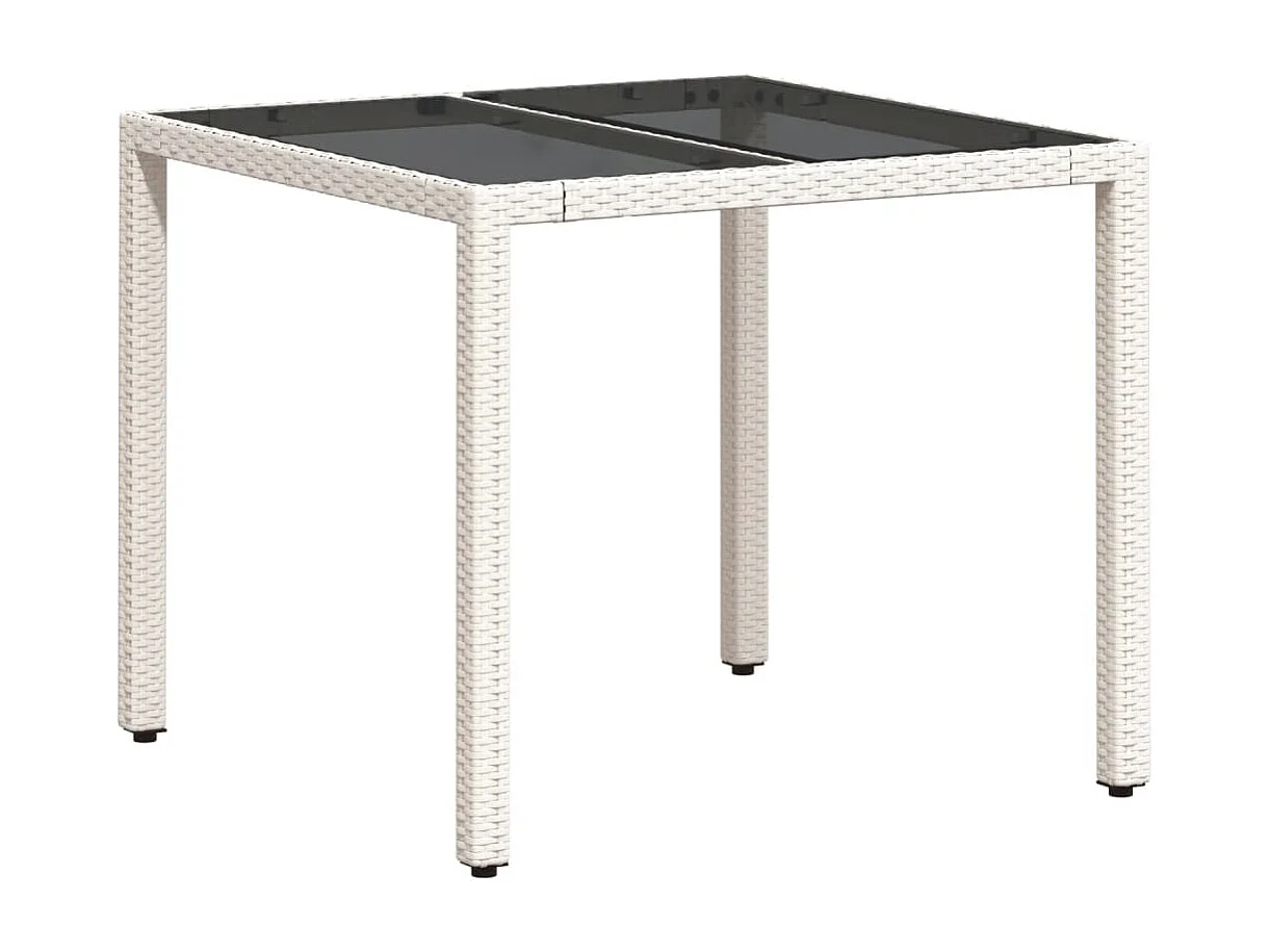 Table de jardin dessus en verre blanc 90x90x75 résine tressée