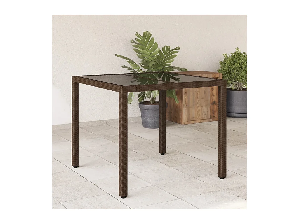 Table de jardin avec dessus en verre marron résine tressée