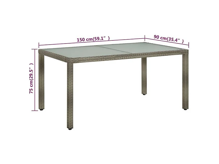 Table de jardin 150x90x75 Verre trempé et poly rotin Gris