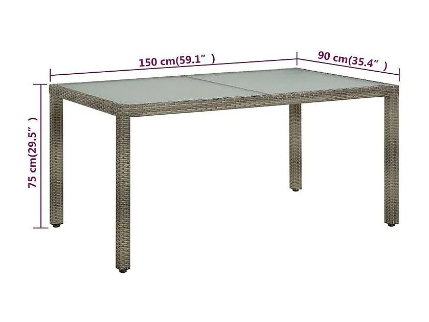 Table de jardin 150x90x75 Verre trempé et poly rotin Gris