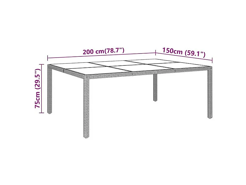 Table de jardin 200x150x75 Verre trempé-résine tressée Gris