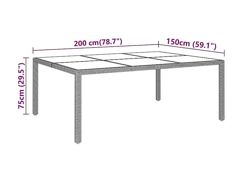 Table de jardin 200x150x75 Verre trempé-résine tressée Gris