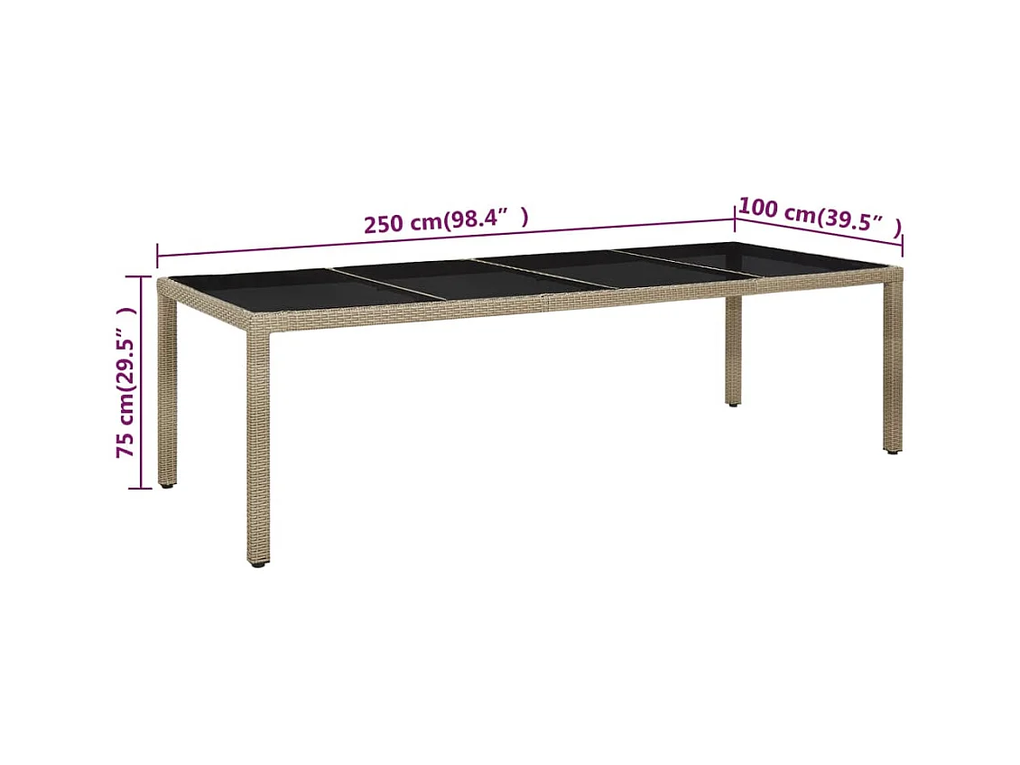 Table de jardin Beige 250x100x75 Verre trempé et poly rotin