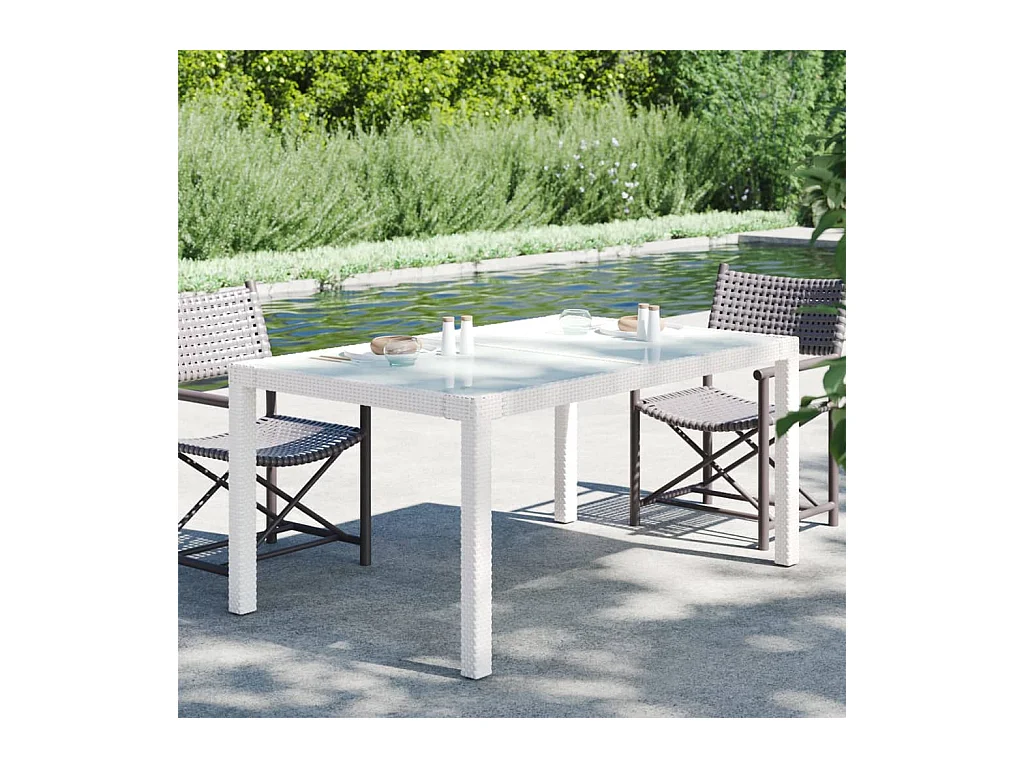 Table de jardin 150x90x75 Verre trempé-résine tressée Blanc