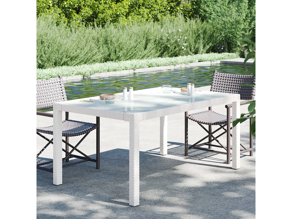Table de jardin 150x90x75 Verre trempé-résine tressée Blanc