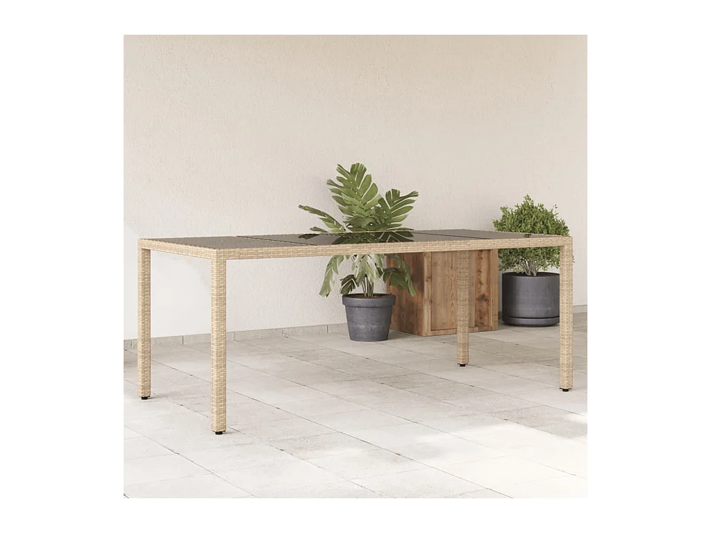 Table de jardin avec dessus en verre beige résine tressée