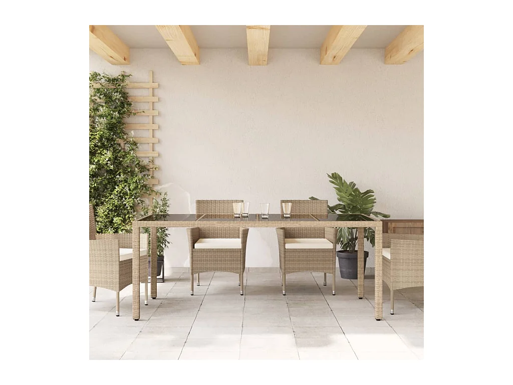 Table de jardin avec dessus en verre beige résine tressée